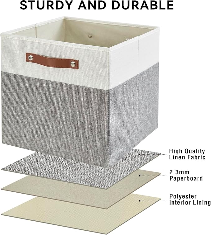 Bagnizer 13x15x13 Storage Cube Bins, Foldable Storage Organizer Baskets, Fabric Cube Storage Boxes with 2 Reinforced PU Handles for Kallax, Shelves, Living Room | 4 Pack, Gray & White