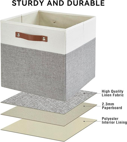 Bagnizer 13x15x13 Storage Cube Bins, Foldable Storage Organizer Baskets, Fabric Cube Storage Boxes with 2 Reinforced PU Handles for Kallax, Shelves, Living Room | 4 Pack, Gray & White