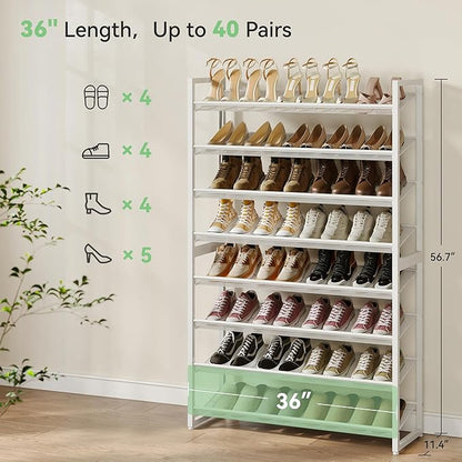 Nunsino Shoe Rack,8 Tier Metal Shoe Organizer,Max Holds 40 Pairs,Heavy Duty Shoes Shelf for Garage, Entryway, Closet,White