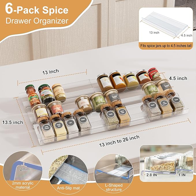Expandable Spice Drawer Organizer Insert, 6-Pack Kitchen Adjustable Seasoning Rack Tray (13" to 26"), Clear Acrylic with Anti-Slip Mat, for Cabinet Countertop (Jars Not Included)