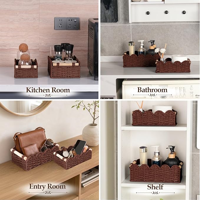 iEGrow Paper Rope Small Storage Baskets for Organizing, Set of 2 Scalloped Edge Wicker Basket with Wooden Handles Toilet Paper Basket for Over Toilet Storage Shelf, Home Decor, Living Room (Brown)