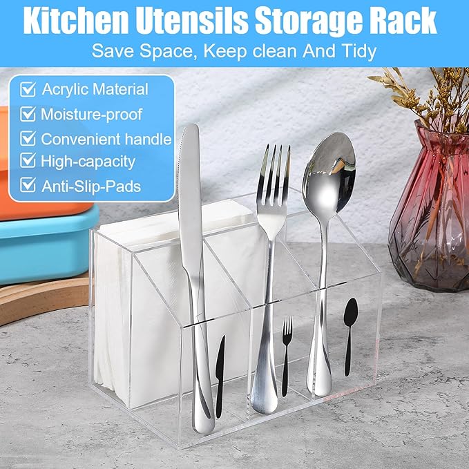 Lemecima Acrylic Utensil Holder Silverware Caddy Countertop Cutlery Plastic Organizer For Napkins Flatware Spoon Fork Knife, Space-Saving, For Buffet, Picnic Party