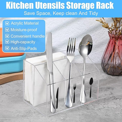 Lemecima Acrylic Utensil Holder Silverware Caddy Countertop Cutlery Plastic Organizer For Napkins Flatware Spoon Fork Knife, Space-Saving, For Buffet, Picnic Party