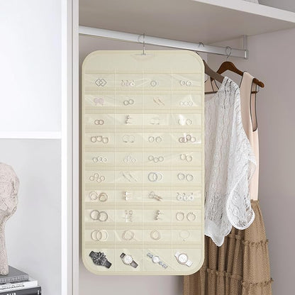 2 Pack Hanging Jewelry Organizer 80-Pocket Dual-sided Jewelry Storage for Earring Necklace Bracelet Ring Travel Holder, Beige