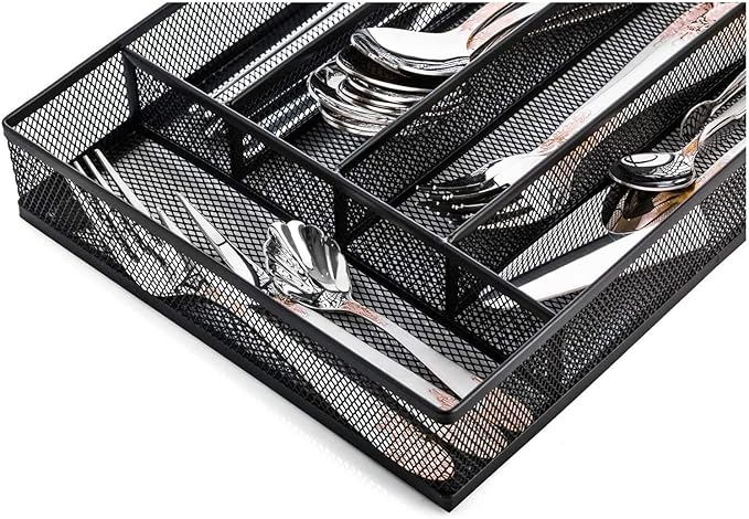 COSWE Silverware Tray for Drawer, Silverware Organizer, Metal Drawer Organizer Kitchen Utensils with Foam Feet Multi Compartments Cutlery Organizer in Drawer (BLACK)