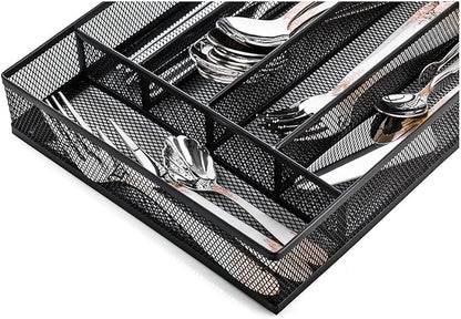 COSWE Silverware Tray for Drawer, Silverware Organizer, Metal Drawer Organizer Kitchen Utensils with Foam Feet Multi Compartments Cutlery Organizer in Drawer (BLACK)