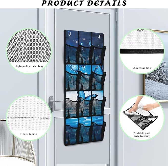Blue Butterfly Hanging Storage Shoe Organizer for Closet 12 Mesh Pockets Over The Door Wall Closet Holder for for Boots & Sneakers Toys