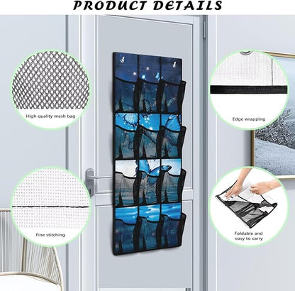 Blue Butterfly Hanging Storage Shoe Organizer for Closet 12 Mesh Pockets Over The Door Wall Closet Holder for for Boots & Sneakers Toys