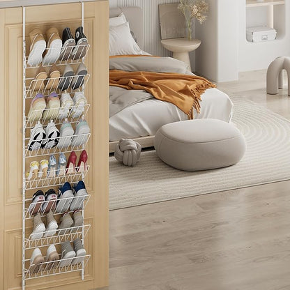 SWTYMIKI Over the Door Shoe Organizer - Adjustable 8 Tier Hanging Shoe Rack Organizer, Metal Heavy Duty Behind Door Storage or Wall Mount Shoes Shelf for Flats, Heels, Sneakers, Boots, White