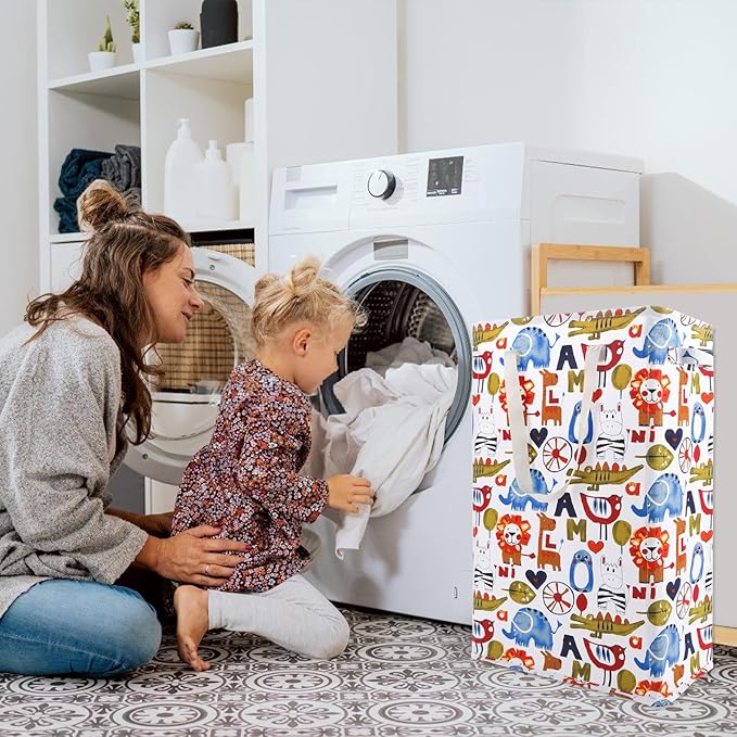 Odonata Slim Laundry Hamper Handles Collapsible Laundry Basket Thin Dirty Clothes Basket Narrow Laundry Bag Foldable Dirty Hamper 48L (Animal)