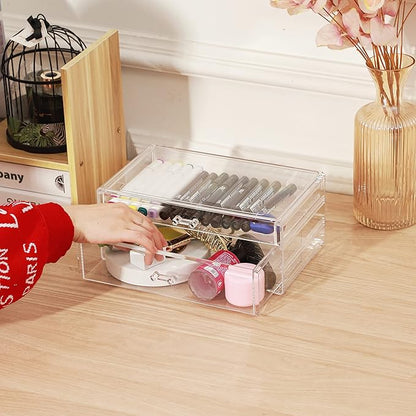 Cq acrylic Clear acrylic organizers Countertop,2 Large Drawers stackable storage bins,clear storage bins for Vanity Jewelry,Hair Accessory,Beauty,Skin Care,Skincare Product stackable storage drawers