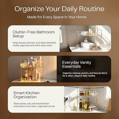 2-Tier Acrylic Corner Bathroom Organizer with Handle Round Skincare & Makeup Storage Tray, Waterproof, Lightweight, Heat Resistant Vanity Shelf for Countertop, Kitchen, Bedroom, Dresser