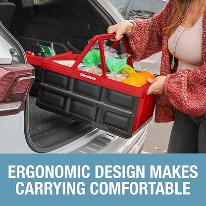 CleverMade Collapsible Shopping Basket 32L – Folding Grocery Basket with Handles, Stackable Reusable Storage Crate with 35 lb Capacity, Recycled Plastic, Car Trunk Organizer - Red