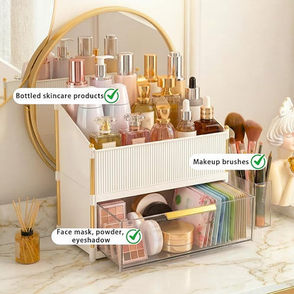 Large Capacity Makeup Organizer Countertop with Brush Holder, Vanity Skincare Perfume Storage Box for Bathroom, Mother's Day Birthday Anniversary Teen Girl Gifts for Women Mom