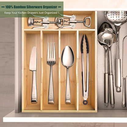 guiogc Bamboo Kitchen Drawer Silverware Organizer, 9 Inch Silverware Utensils Tray Holder for Small Drawer, Cutlery Tray, Wood Caddy for Flatware Cutlery Knives 5-Slots
