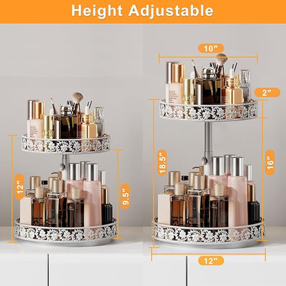 2 Tier Lazy Susan Organizer Turntable Adjustable,12 Inch Two Tier Lazy Susan Metal Easy Assembly Cleaning, Rotating Spice Rack Organizer for Cabinet Dining Table Kitchen Countertop White