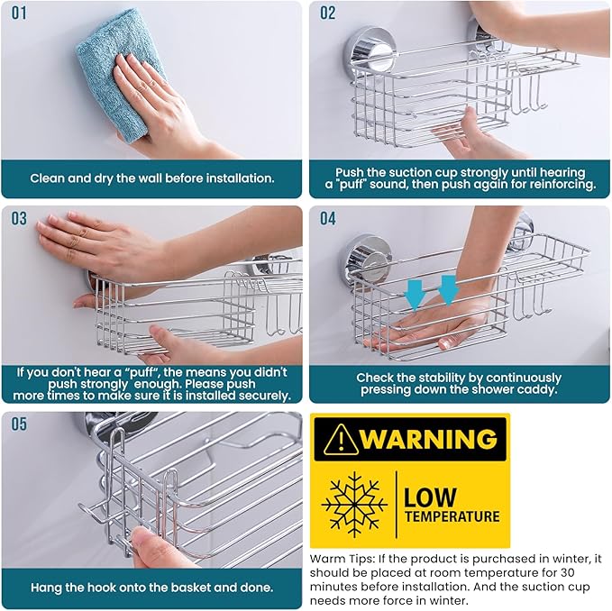 TAILI Shower Caddy Suction Cup with Hooks & Soap Holder, Heavy Duty Bathroom Shower Organizers, Removable Bathroom Shelves for Inside,Stainless Steel Bathroom Holder