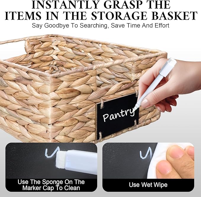 Set of 4 Sizes Hand-Woven Pantry Shelf Baskets, Hyacinth Storage Baskets with Chalkboard Labels & 2 Chalk Markers, Wicker Nestable Shelf Basket Set for Organizing Pantry Laundry Shelves