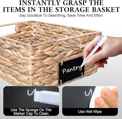 Set of 4 Sizes Hand-Woven Pantry Shelf Baskets, Hyacinth Storage Baskets with Chalkboard Labels & 2 Chalk Markers, Wicker Nestable Shelf Basket Set for Organizing Pantry Laundry Shelves