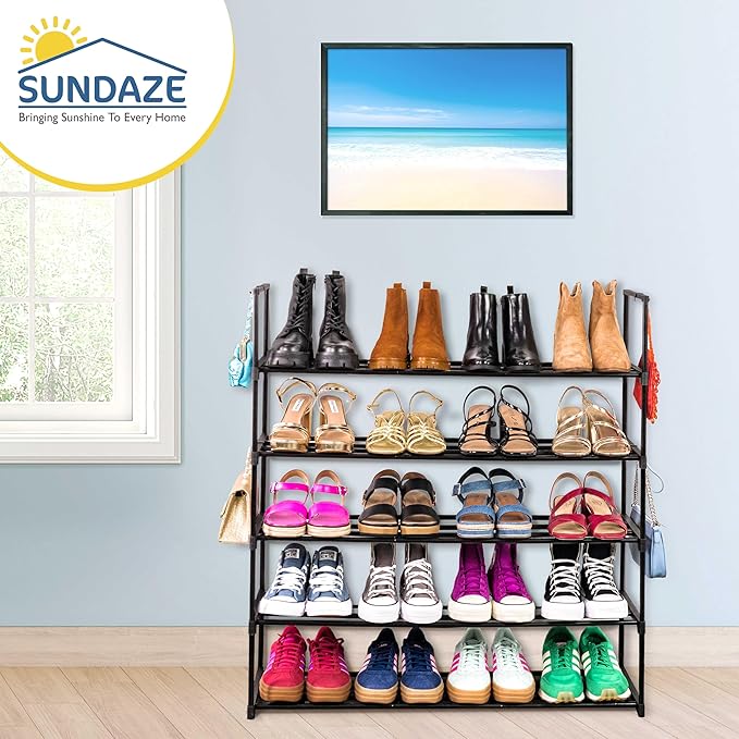Sundaze Shoe Rack - 5 Tier Metal Shoe Rack for Front Door Entrance, Sturdy Long Shoe Organizer for Closet, Bedroom, Entryway, Garage, Black Metal Shoe Shelf, Holds Up to 25 Pairs