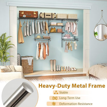 Tangkula 4 to 8 FT Custom Closet System, Wall Mounted Closet with Hanging Rod, Metal Hanging Storage Organizer Rack Wardrobe with Shelves, Adjustable Closet System Kit for Bedroom (Gray)