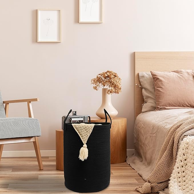 Woven Cotton Rope Laundry basket-16”X22” Laundry Hamper-Rope Storage Basket for Dirty Clothes, Toys and Blankets Perfect for Bathroom, Baby nursery and Living Room Storage (black, Large)