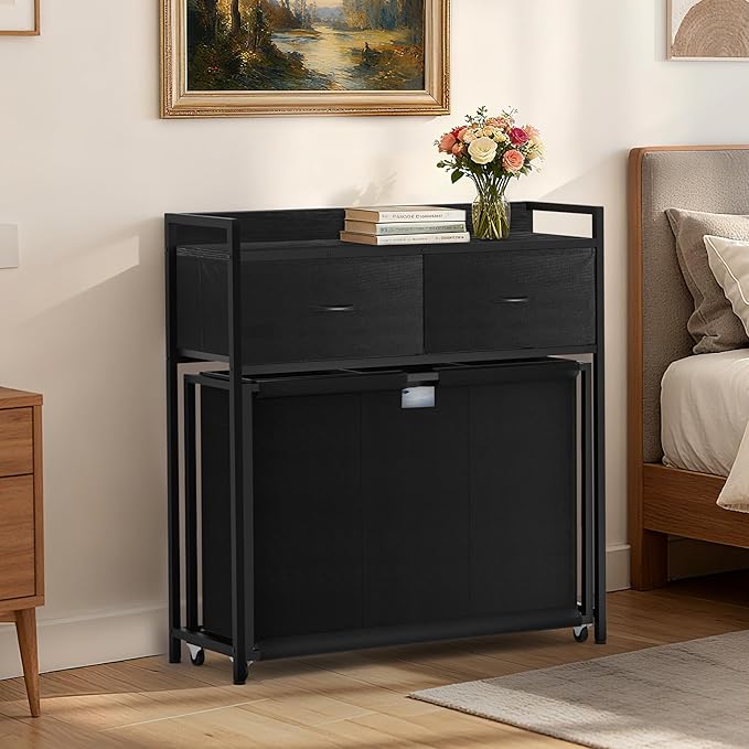 Sonharlar Laundry Hamper with 3 Section Rolling Bags, Laundry Sorter with Wheels, Laundry Basket with 2 Drawer for Laundry Room (Charcoal Black)
