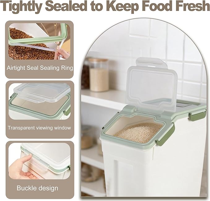 RUIAN Large Airtight Storage Container, 25lb Flour Rice Storage Containers Bin with Wheels Seal Locking Lid, with Measuring Cup&Scoop for Flour, Rice, Grain (Green, 2PCS)