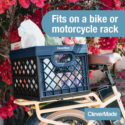 CleverMade Collapsible Milk Crate 25L (6.6 Gal) 3 Pack, 50 lb Capacity Heavy Duty Folding Crate – Stackable Storage Crates with File Rails, Plastic Collapsible Crates - Stone