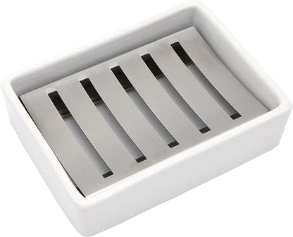 Ceramic Soap Dish Stainless Steel Soap Holder for Bathroom and Shower Double Layer Draining Soap Box