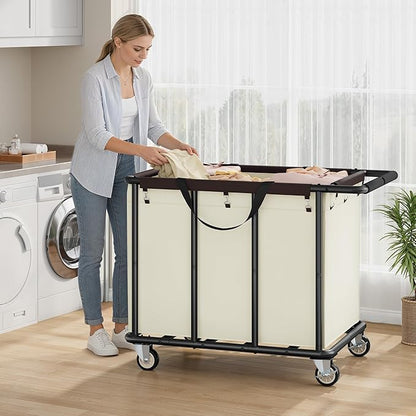 FAVOOSTY 470L Heavy Duty Commercial Laundry Cart with Wheels,Industrial Rolling Laundry Hamper, Extra Large Laundry Basket, Metal Frame for Hotel/Hospital/Home, 440lbs (Beige)