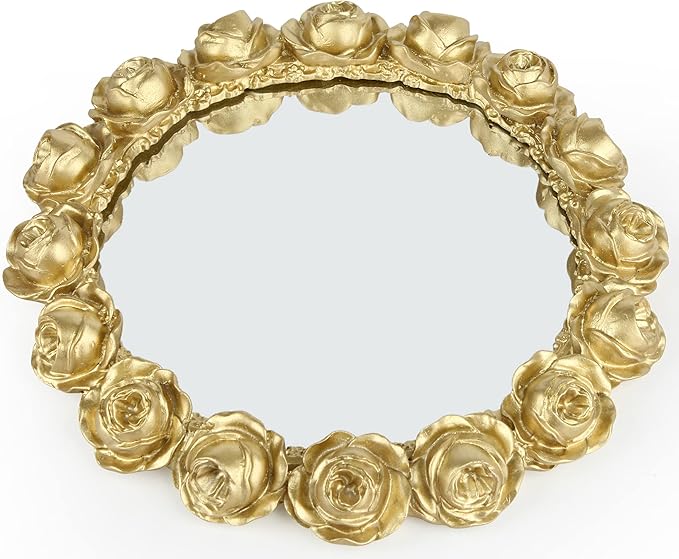 Vixdonos Decorative Round Mirror Tray Bathroom Vanity Tray with Gold Resin Rose for Perfume,Jewelry and Makeup