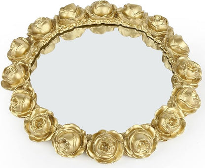 Vixdonos Decorative Round Mirror Tray Bathroom Vanity Tray with Gold Resin Rose for Perfume,Jewelry and Makeup