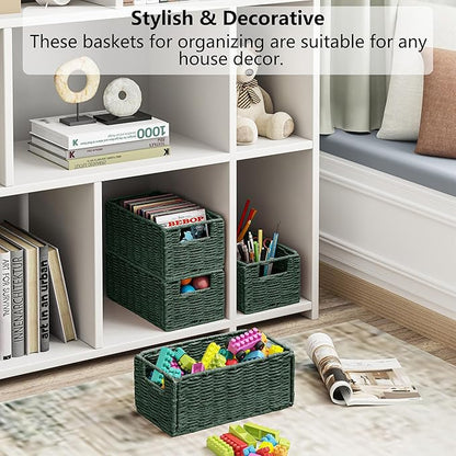 Vagusicc Wicker Storage Basket, Set of 2 Hand-Woven Paper Rope Wicker Basket, Small Storage Baskets for Organizing Toilet Paper, Foldable Small Cube Organizer Bins for Shelves and Bathroom (Green)