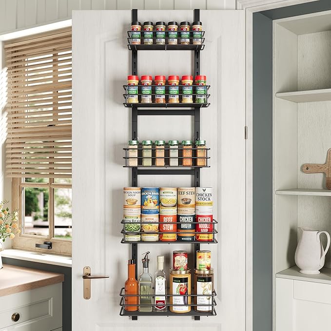 5-Tier Over the Door Pantry Organizer,Cabinet Door Organizer,Kitchen Pantry Door Organizers and Storage,Over the Door Spice Rack,Behind the Door Storage,Door Hanging Organizer,Black