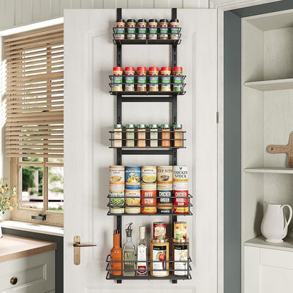 5-Tier Over the Door Pantry Organizer,Cabinet Door Organizer,Kitchen Pantry Door Organizers and Storage,Over the Door Spice Rack,Behind the Door Storage,Door Hanging Organizer,Black