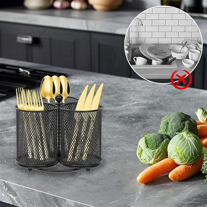 360° Rotating Metal Utensil Caddy, 3 Compartment Utensil Organizer Metal Flatware Caddy Kitchen Utensil Holder Practical Flatware Organizer Multifunctional Cutlery Storage Holder for Home (01)