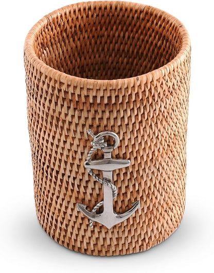 Vagabond House Utensil Holder - Large, Durable, Eco-Friendly Wicker Rattan Crock with Pewter Anchor - Versatile Kitchen Organizer, Perfect for Coastal Kitchen, Beach Themed Office - Boho Decor 8 Inch