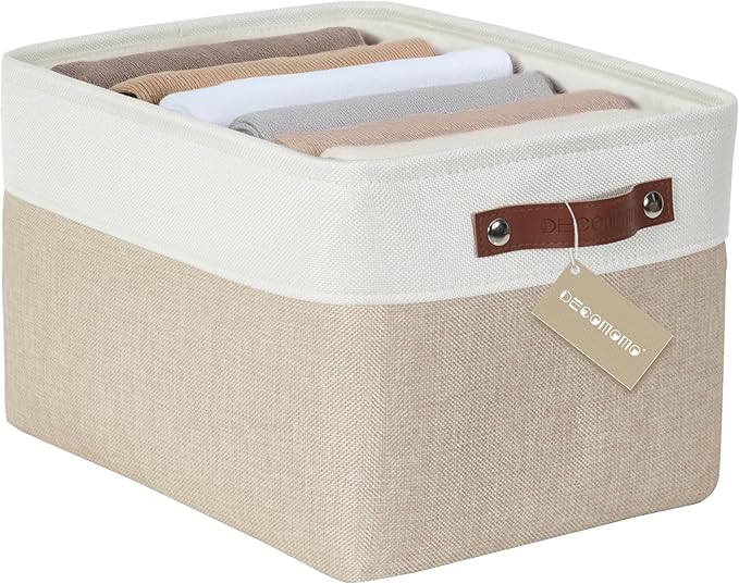 DECOMOMO Storage Bins, Large Fabric Storage Baskets for Shelves, Decorative Linen Closet Organizer, 15 x 11 x 9.5 inches (Beige & White, 1 Pack)