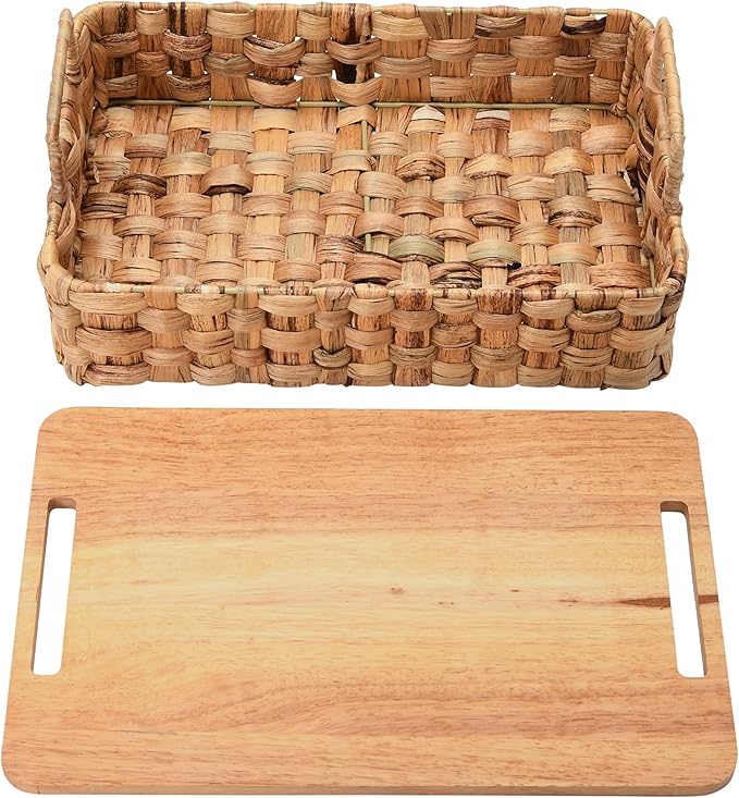 Household Essentials Stackable Hyacinth Baskets with Oak Lids, Natural, Set of 2