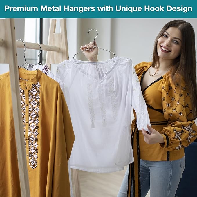 Standard Duty Metal Hangers with Unique Hook Design Durable & Sturdy Coat Hangers 3.2mm Thick Supports Up to 15 lb Weight Smooth Finish Compact Shirt Hangers - 40 Pack Chrome