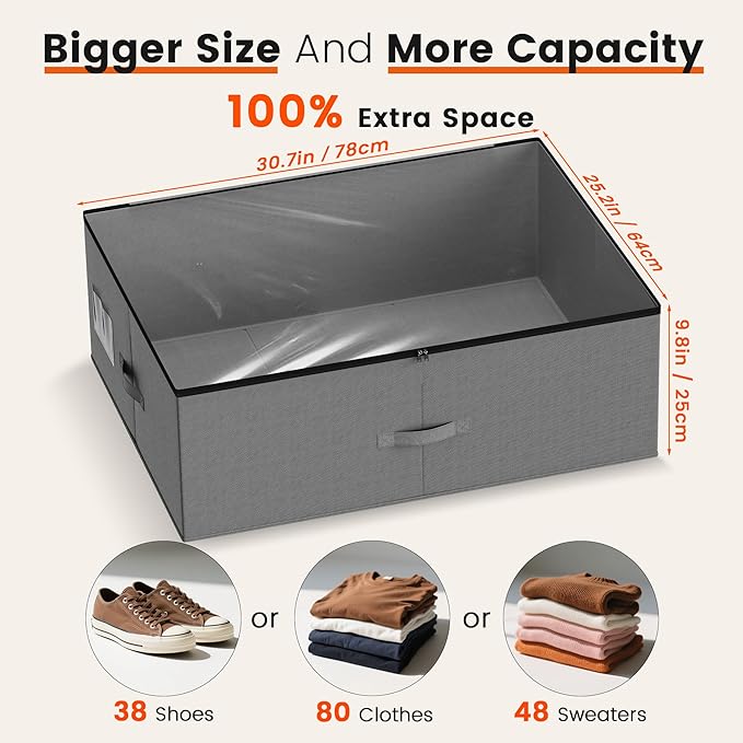 XXXXL 125L Under Bed Storage, Storage Containers with Support & Clear Lid, Support Frame, Underbed Storage Bins for Clothes, Shoes, Blankets, and Toys 2 pack