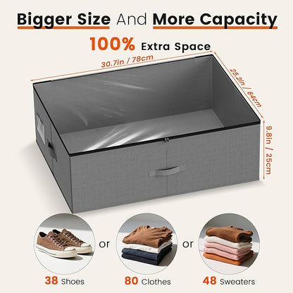 XXXXL 125L Under Bed Storage, Storage Containers with Support & Clear Lid, Support Frame, Underbed Storage Bins for Clothes, Shoes, Blankets, and Toys 2 pack