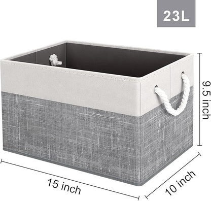 Fab totes Storage Bins 2-Pack, Foldable Storage Baskets for Organizing Toys, Books, Shelves, Closet, Large Storage Box with Rope Handles, Sturdy Organizer Bins, White & Grey