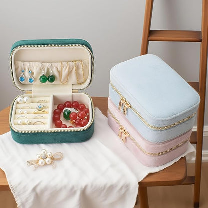 Small Travel Jewelry Case for Women - Plush Velvet Portable Organizer, Holds 20+ Bracelet/Necklace/Earrings/Rings, Giftable Storage Display Box Zipper, Mother/Bridesmaid/Girlfriend Gift (Blue)