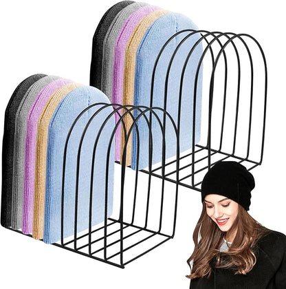 2 Pcs Beanie Holder Organizer, Knitted Hat Storage Rack Display Stand Metal Cap Holder for Winter Swimming Hat Display Home Entryway Tabletop Bedroom Closet Dresser Room Office (Black, 2 Pcs)