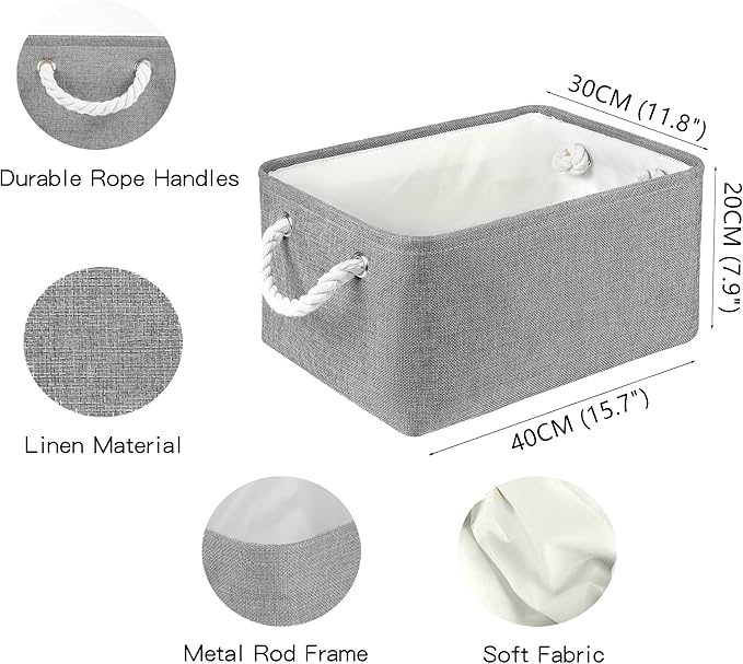 Storage Bins with Sturdy Cotton Handles(1 Pack), Fabric Storage Baskets for Organizing use for Office & Home, Book, Clothes, Toys, Closet Boxes (Large, Grey, 15.7x11.8x7.9 inches)