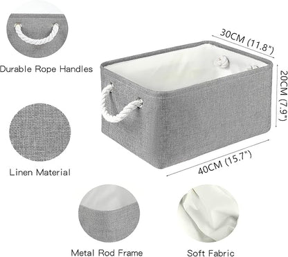 Storage Bins with Sturdy Cotton Handles(1 Pack), Fabric Storage Baskets for Organizing use for Office & Home, Book, Clothes, Toys, Closet Boxes (Large, Grey, 15.7x11.8x7.9 inches)