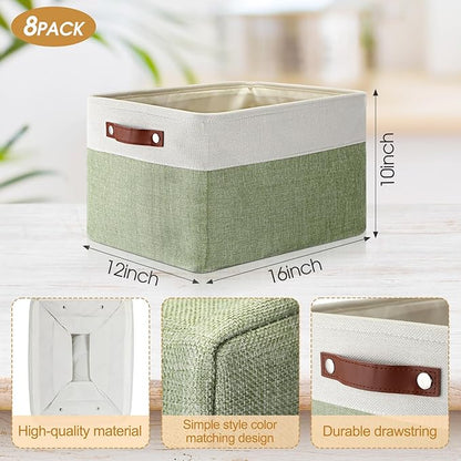 Uiifan 8 Pack 16 x 12 x 10 Inch Large Storage Baskets Collapsible Fabric Storage Cubes Bins with Handles for Shelves Closets Nursery Home Clothes Toys Organizers, Green