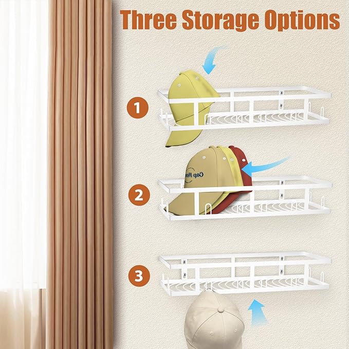 White Metal Wall Mounted Hat Racks for Baseball Caps, 2-Pack Sturdy Hat Organizer Holds 60+ Caps, Wall & Closet Display Storage Holder